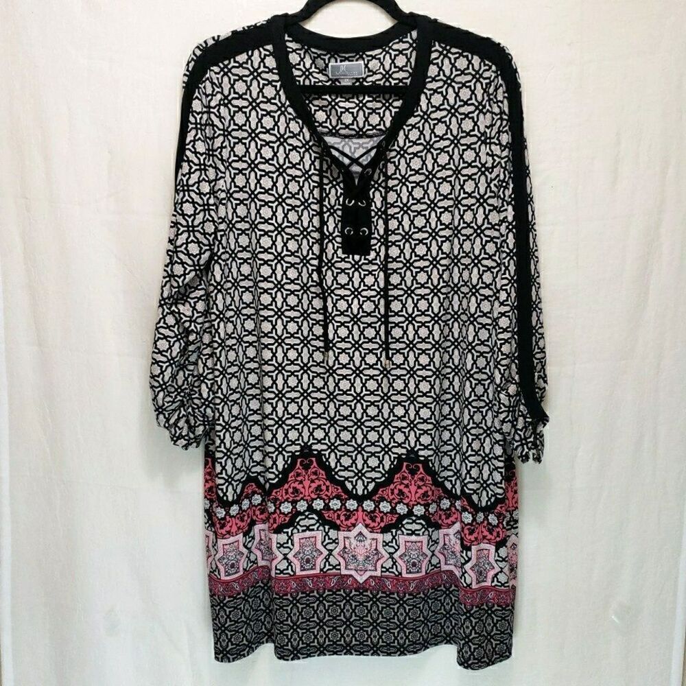 JM Collection Geometric Lace Up Tunic Top Women 2X Black White Pink 3/4 Sleeve